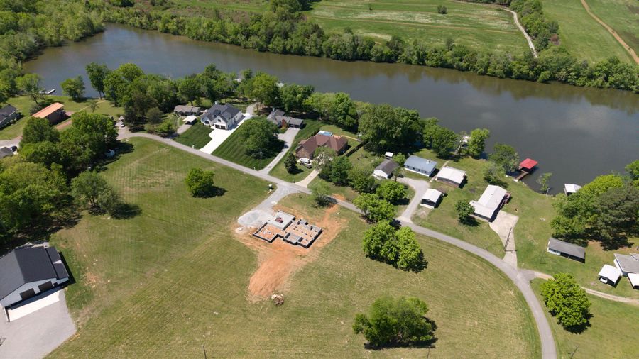 Aerial view of construction site near river