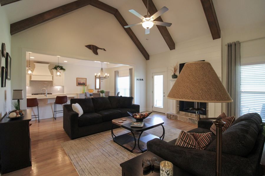 Interior living room with beamed ceiling